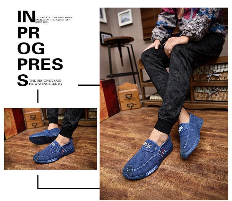 Stevvex blue denim canvas slip-on men's casual shoes with white stitching details on Tampa Home & Garden Store