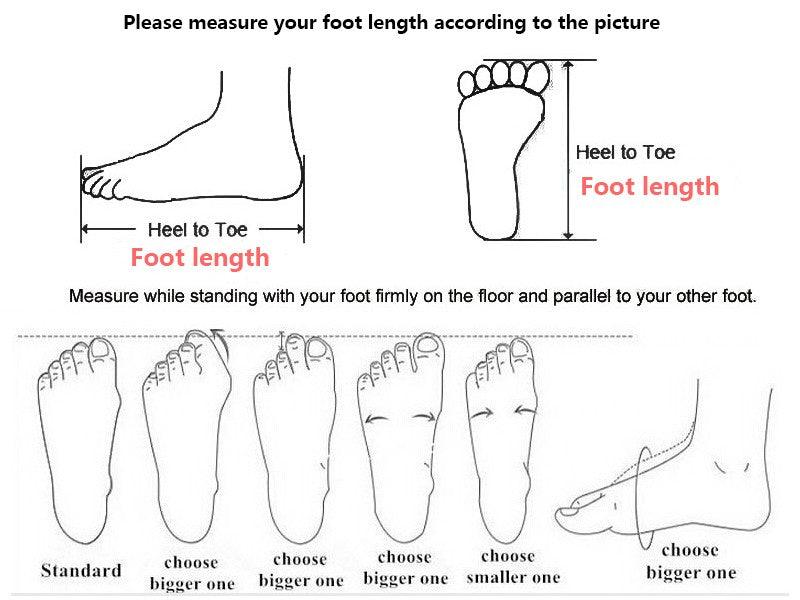 Summer Slip On Shoes measurement guide with heel-to-toe ruler and numerous foot silhouettes on Tampa Home & Garden Store