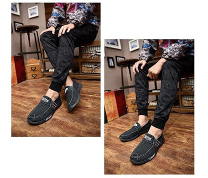 Stevvex dark gray canvas slip-on loafers with white stitching, 2 shown on Tampa Home & Garden Store