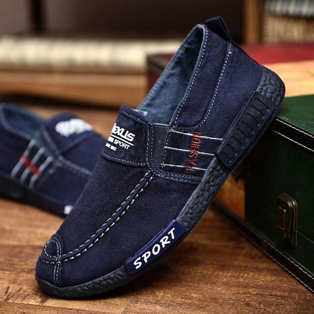 Stevvex navy denim slip-on canvas casual loafers with white stitching and rubber sole on Tampa Home & Garden Store