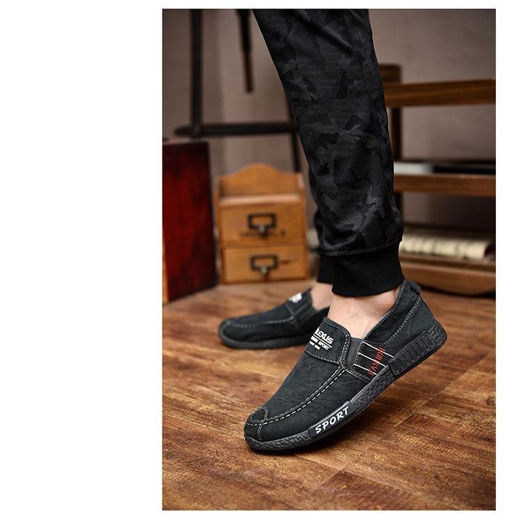 Stevvex men's slip-on canvas shoes dark gray casual loafers with stitching, pair on Tampa Home & Garden Store