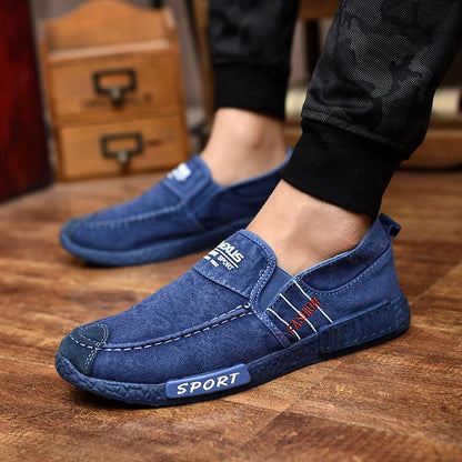 Stevvex men's blue denim slip-on casual loafers with lightweight canvas and rubber sole on Tampa Home & Garden Store