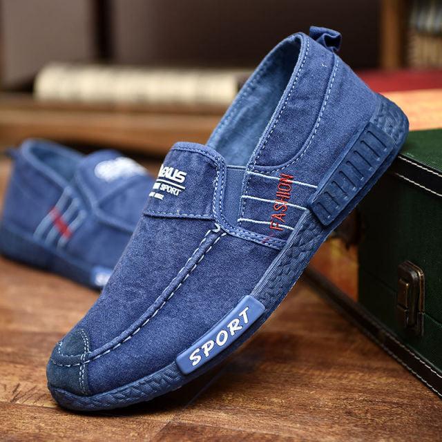 Summer Slip On Men's Casual Shoes Stevvex blue canvas loafers with white stitching two pairs on Tampa Home & Garden Store