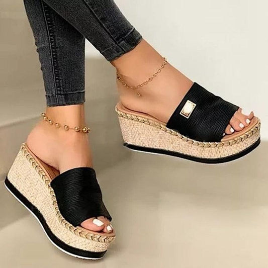 Stevvex women platform sandals open-toe black strap rope-wrapped jute wedge heel on Tampa Home & Garden Store