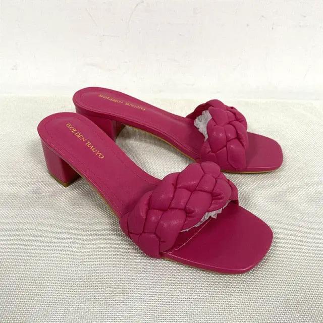 Summer Solid Weave Women Square Heel Sandals