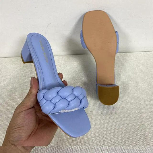 Stevvex braided-strap square-heel sandals in light blue, open-toe, block heel slip-on on Tampa Home & Garden Store
