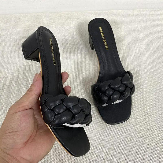 Stevvex black braided-strap square-heel sandals, pair, open-toe leather weave slip-on on Tampa Home & Garden Store