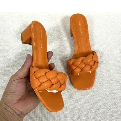 Summer Solid Weave Women Square Heel Sandals