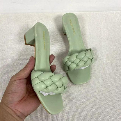 Summer Solid Weave Women Square Heel Sandals