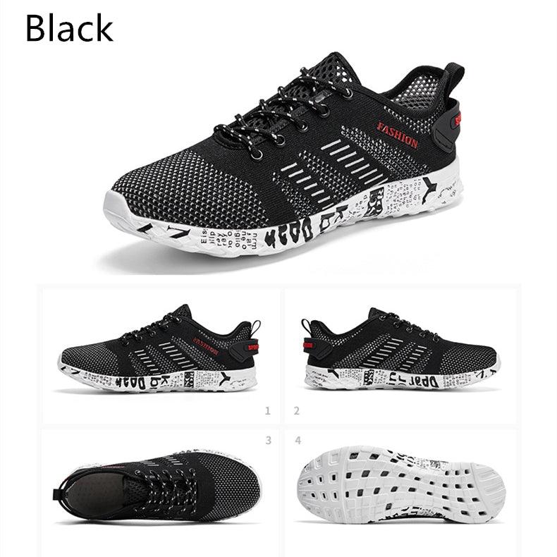 Stevvex black air-mesh sneakers with white foam outsole, breathable athletic footwear on Tampa Home & Garden Store