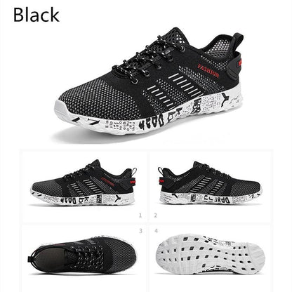 Stevvex black air-mesh sneakers with white foam outsole, breathable athletic footwear on Tampa Home & Garden Store