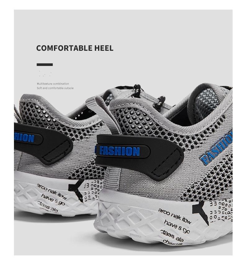 Stevvex gray air mesh sneakers with black strap and blue FASHION detail on Tampa Home & Garden Store