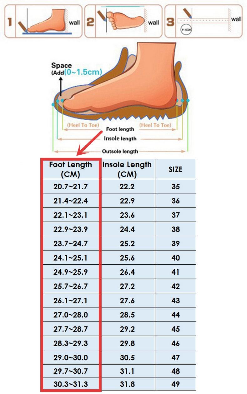 Stevvex men's black air mesh sneakers with size chart showing foot length to shoe size mapping on Tampa Home & Garden Store