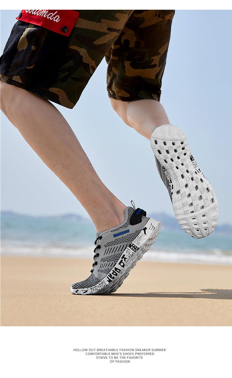 Stevvex Summer Sport men's air mesh sneakers gray/black breathable running shoes on beach on Tampa Home & Garden Store