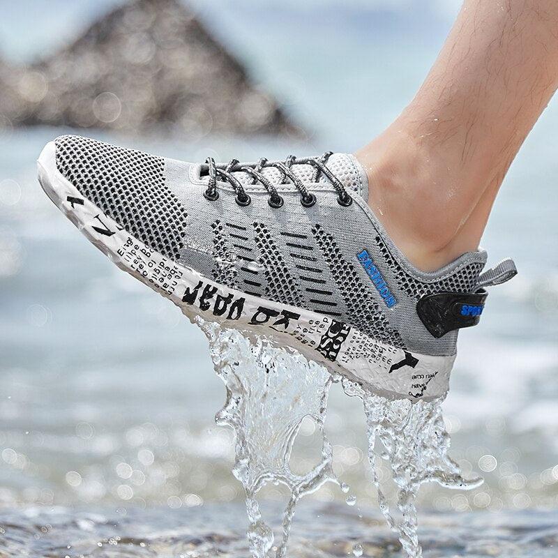 Stevvex Summer Sport Mens Air Mesh Sneakers gray/white knit upper breathable foam midsole on Tampa Home & Garden Store