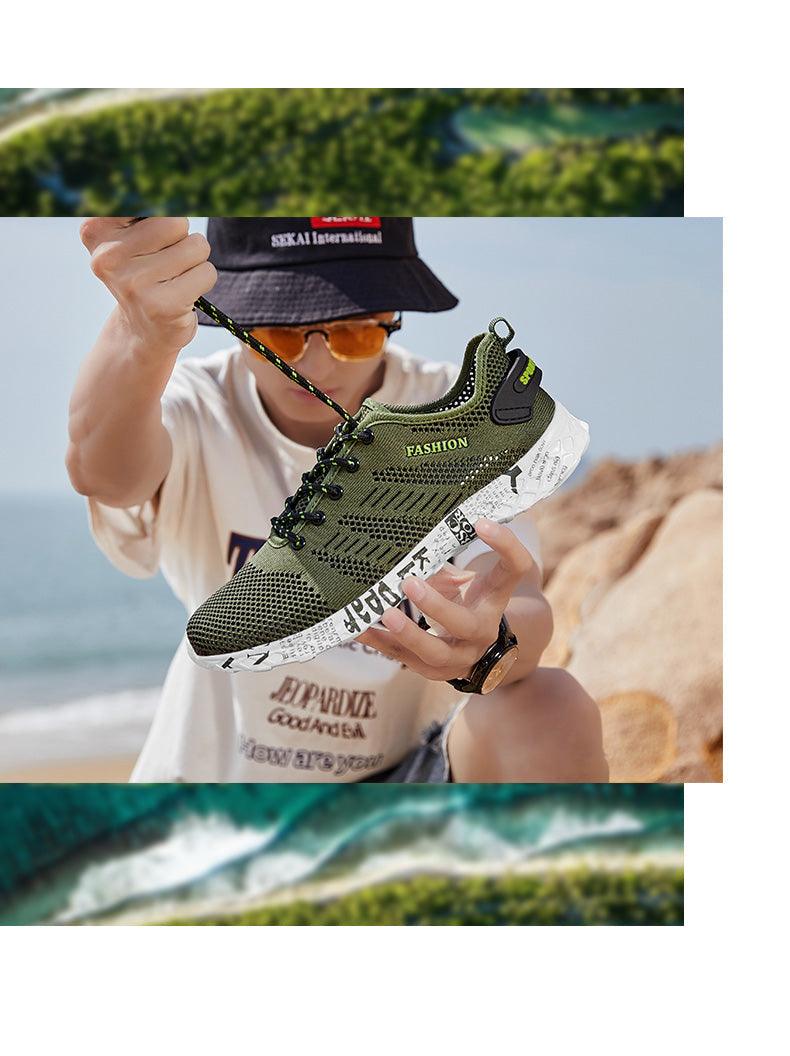 Stevvex Summer Sport men's air-mesh sneakers olive green with black laces and foam sole on beach on Tampa Home & Garden Store
