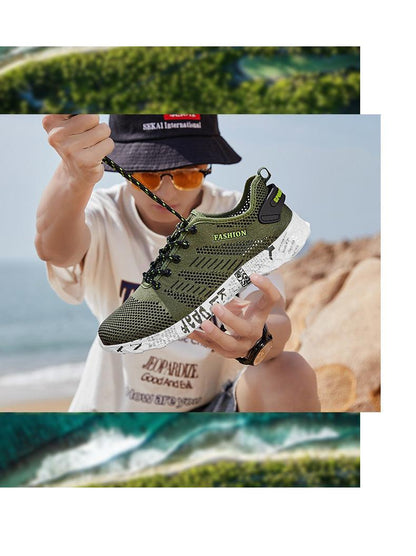 Stevvex Summer Sport men's air-mesh sneakers olive green with black laces and foam sole on beach on Tampa Home & Garden Store