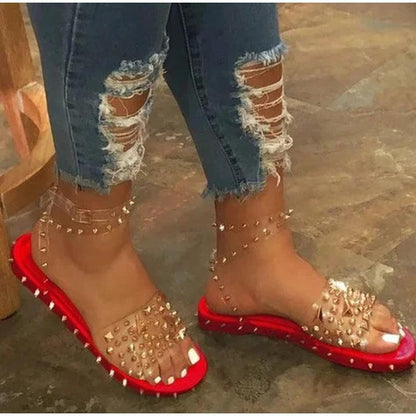 Stevvex nude studded sandals with buckle ankle strap, open toe, red sole, spikes, pair on Tampa Home & Garden Store