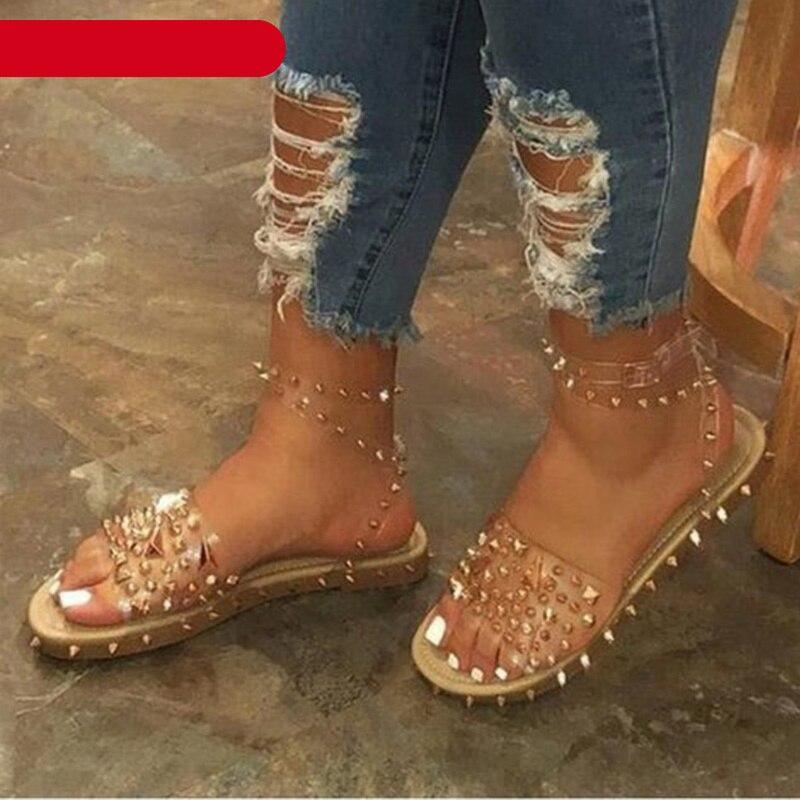 Stevvex women's tan studded flat sandals with open toe and ankle strap, adjustable buckle on Tampa Home & Garden Store