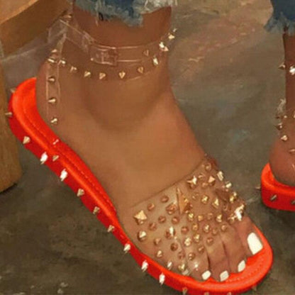 Stevvex women's sandals with transparent buckle straps, studded toe and ankle strap, red sole on Tampa Home & Garden Store