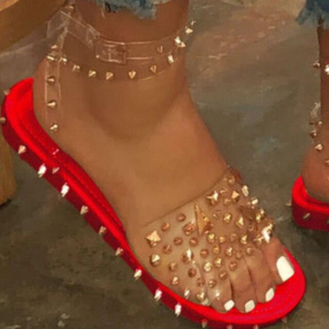 Stevvex transparent buckle strap sandals with red sole, studded upper, open toe ankle strap on Tampa Home & Garden Store