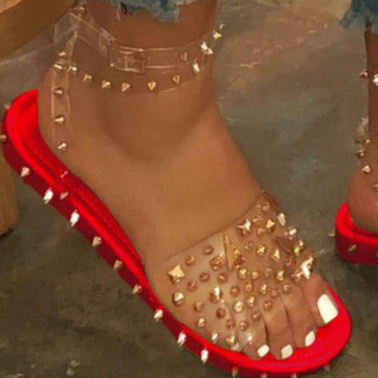 Stevvex transparent buckle strap sandals with red sole, studded upper, open toe ankle strap on Tampa Home & Garden Store
