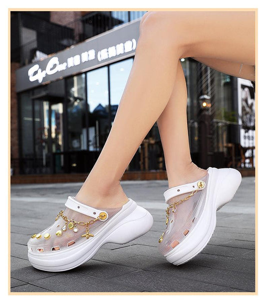 Stevvex Eva slippers with chain, white sandals, clear mesh upper, gold charms on Tampa Home & Garden Store