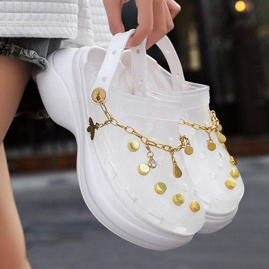 Women’s Eva slippers with chain, white jelly sandals with gold coin charms on Tampa Home & Garden Store