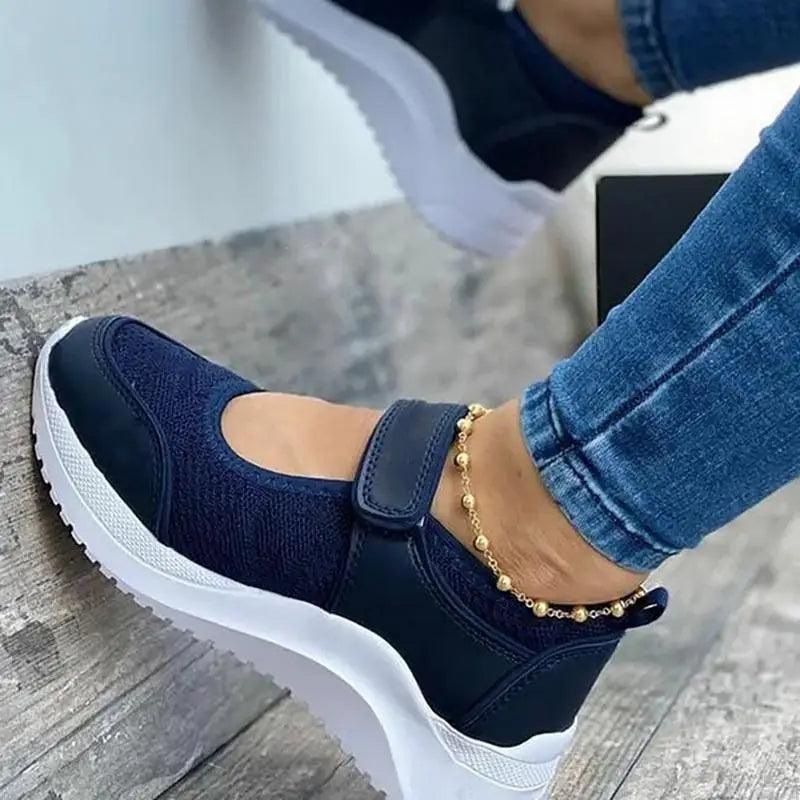 Summer Women Casual Sneakers Stevvex navy blue mesh with Velcro strap non-slip white sole on Tampa Home & Garden Store