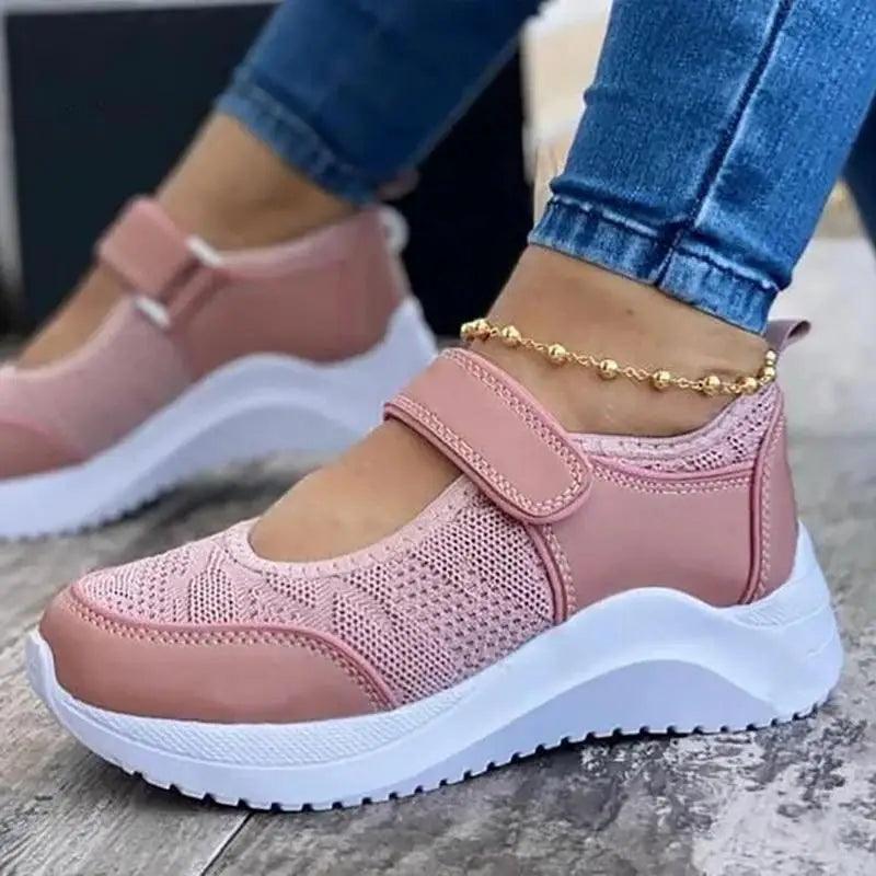 Women’s pink mesh casual sneakers with Velcro strap and white sole by Stevvex on Tampa Home & Garden Store