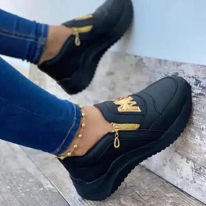 Summer Women Casual Sneakers Stevvex black mesh upper with gold zipper accents and non slip sole on Tampa Home & Garden Store