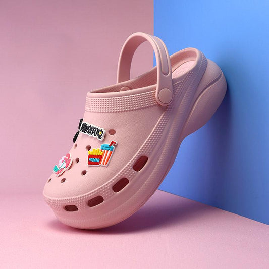 Stevvex pink platform garden clogs with back strap and fruit patches, slip-on sandals on Tampa Home & Garden Store