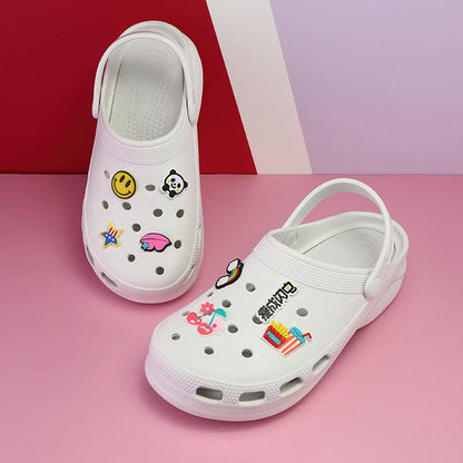 Stevvex white garden clogs with colorful decals, pair of slip-on sandals with back strap on Tampa Home & Garden Store