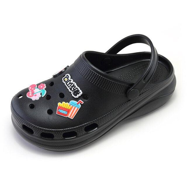 Stevvex black garden clogs with heel strap, ventilation holes and playful fruit patches on Tampa Home & Garden Store