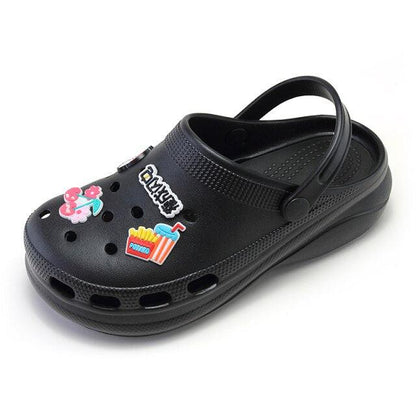 Stevvex black garden clogs with heel strap, ventilation holes and playful fruit patches on Tampa Home & Garden Store