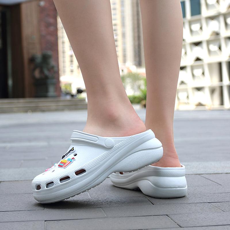 Stevvex white platform garden clogs with heel strap slip-on beach sandals outdoors on Tampa Home & Garden Store