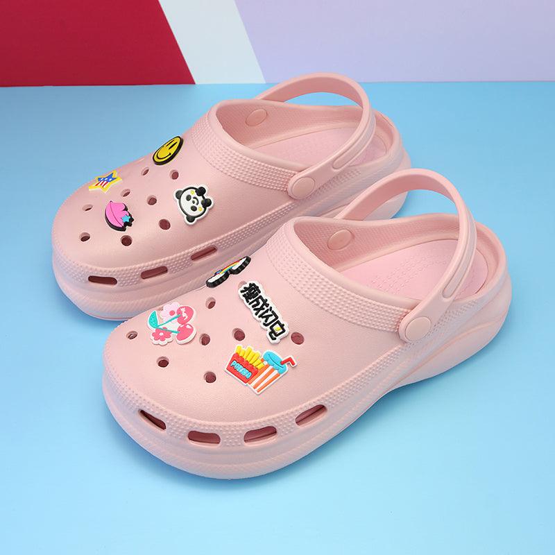 Stevvex pink garden clogs with back strap and fun stickers, pair of casual beach sandals on Tampa Home & Garden Store