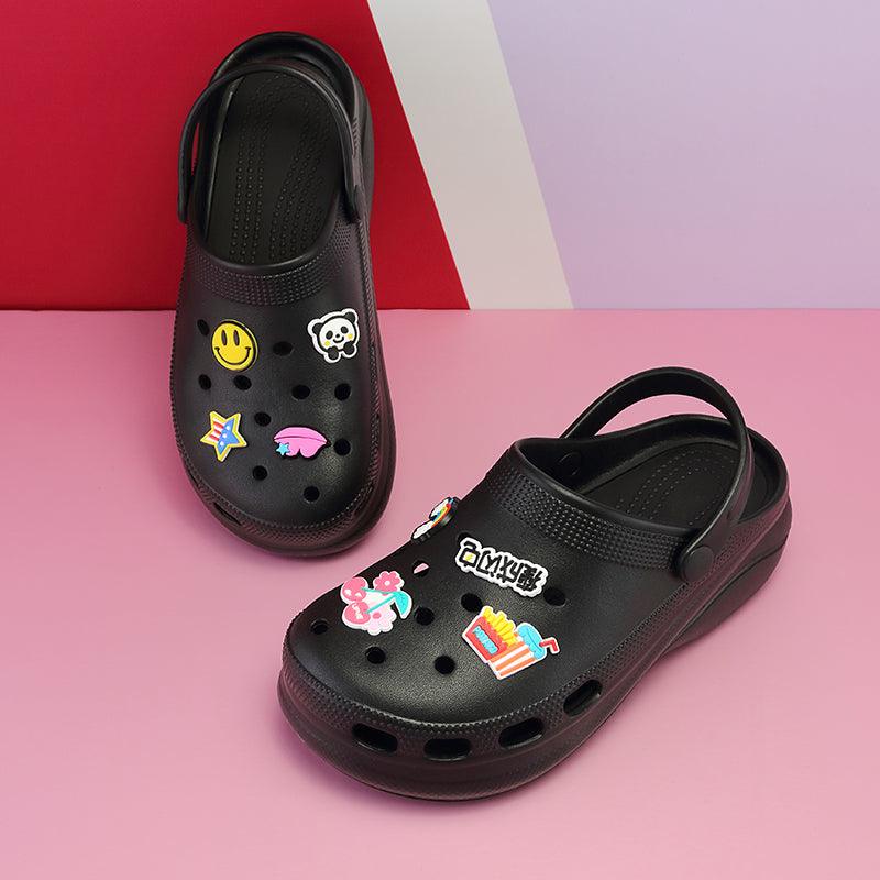 Stevvex Summer Women Clogs black platform garden sandals with colorful stickers on Tampa Home & Garden Store