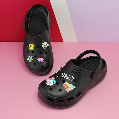Stevvex Summer Women Clogs black platform garden sandals with colorful stickers on Tampa Home & Garden Store
