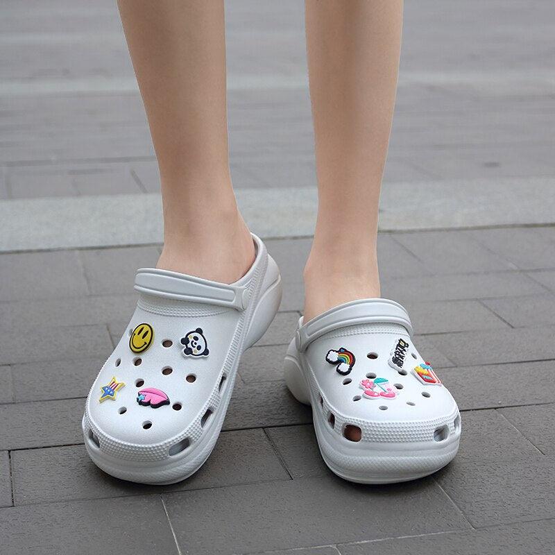 Stevvex white garden sandals, slip-on clogs with emoji patches and perforated platform sole on Tampa Home & Garden Store