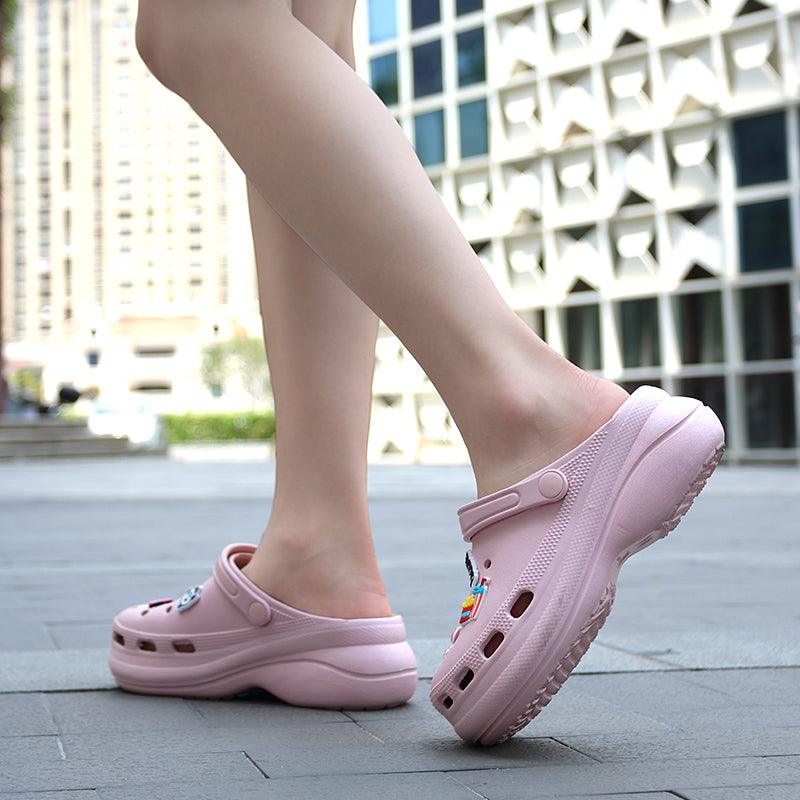 Stevvex pink platform garden sandals for women; slip-on rubber clogs with ventilation holes on Tampa Home & Garden Store