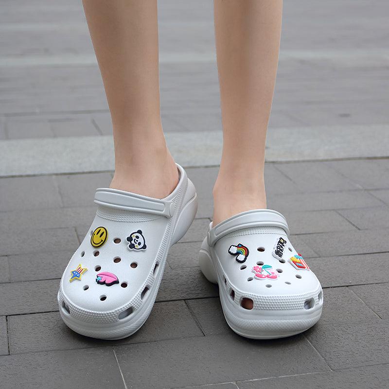 Stevvex summer women clogs platform sandals, white slip-on with colorful emoji patches on Tampa Home & Garden Store