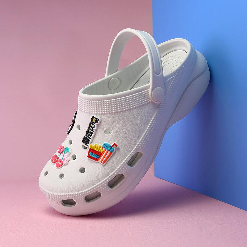 Stevvex white summer clogs with colorful fruit pins, perforated holes, back strap on Tampa Home & Garden Store