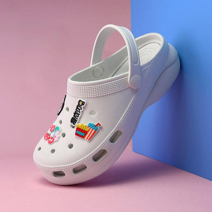 Stevvex white summer clogs with colorful fruit pins, perforated holes, back strap on Tampa Home & Garden Store