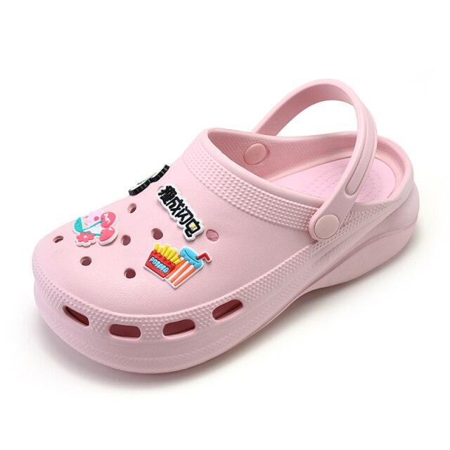 Pink Stevvex women's platform garden clogs with back strap and fruit patches on Tampa Home & Garden Store
