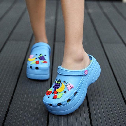 Stevvex women's blue fruit-print platform clogs sandals for home use on Tampa Home & Garden Store