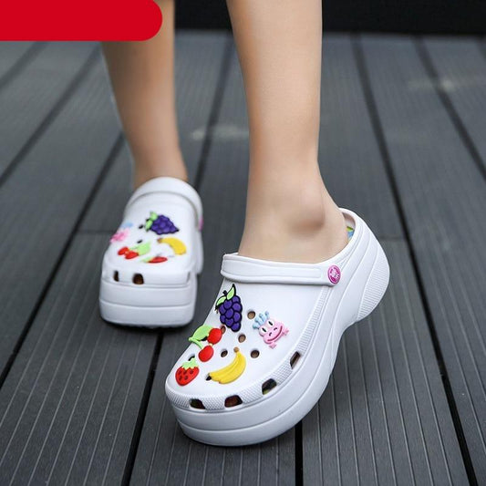Stevvex white fruit-decorated platform clogs sandals, perforated upper, pair on Tampa Home & Garden Store