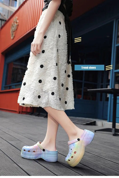 Summer Women Clogs Quick Dry Rainbow Tie Wedges
