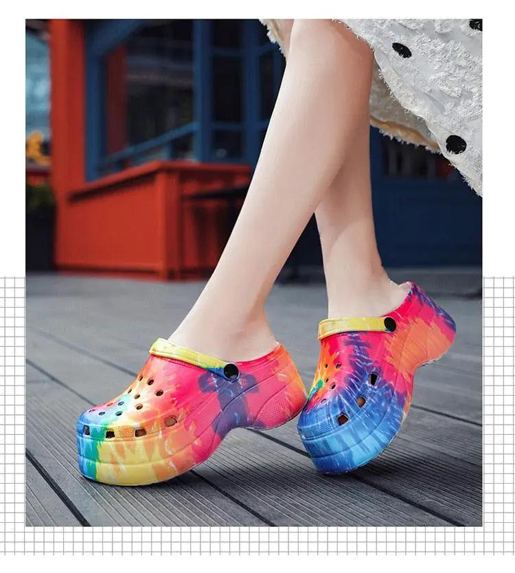 Summer Women Clogs Quick Dry Rainbow Tie Wedges