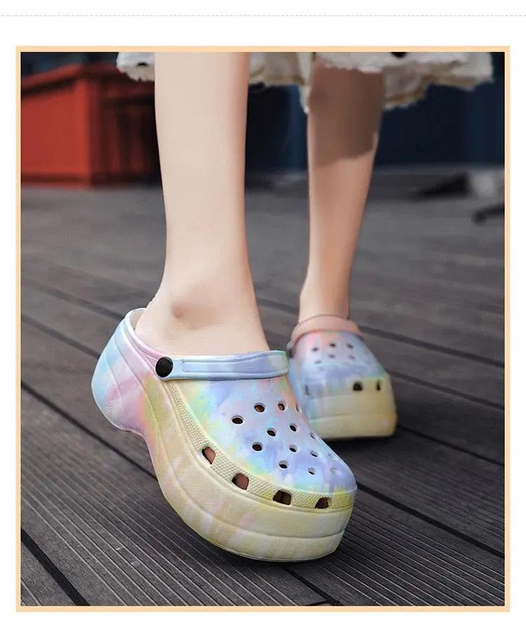 Summer Women Clogs Quick Dry Rainbow Tie Wedges
